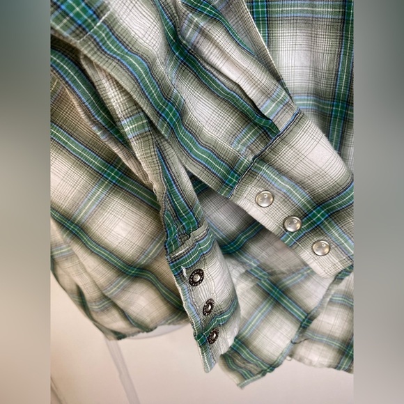 WRANGLER Western Pearl Snap Button Green Plaid Shirt - Picture 6 of 9